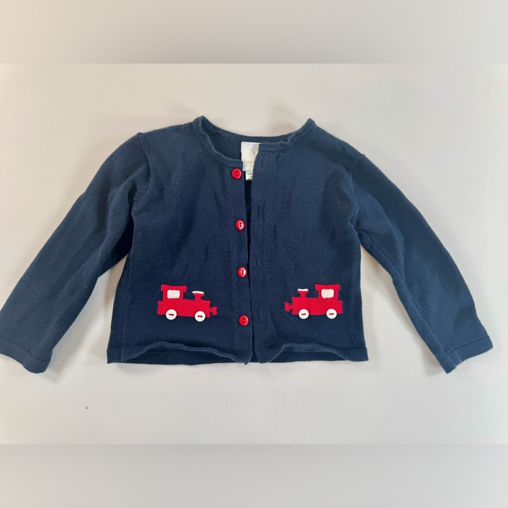 Lullaby Set Navy Cardigan Sweater w/ Red Train Appliqué | 18M